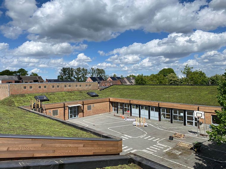 School met een groen dak rond het schoolplein