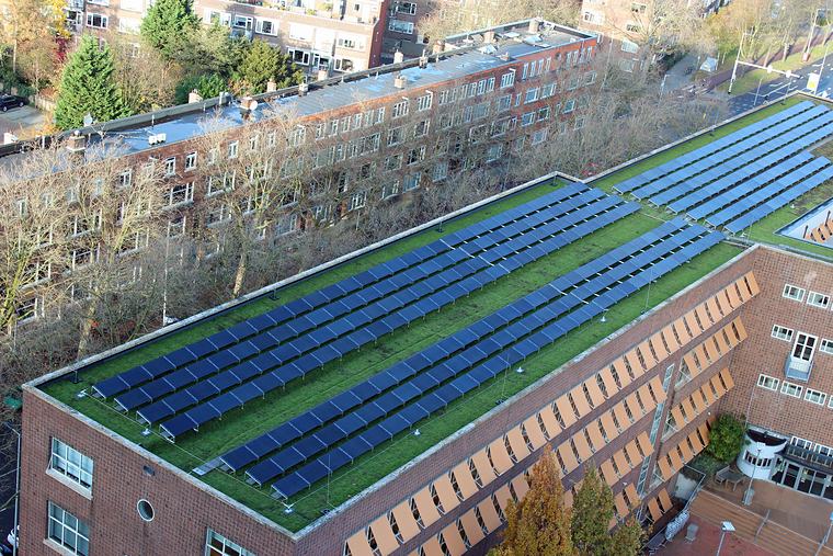 Bakstenen gebouw met een sedumdak en rijen zonnepanelen