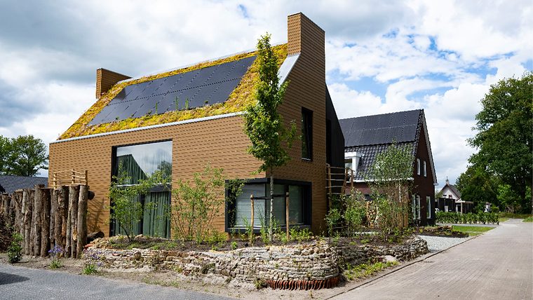 Vrijstaande woning met sedum en zonnepanelen op het schuine dak