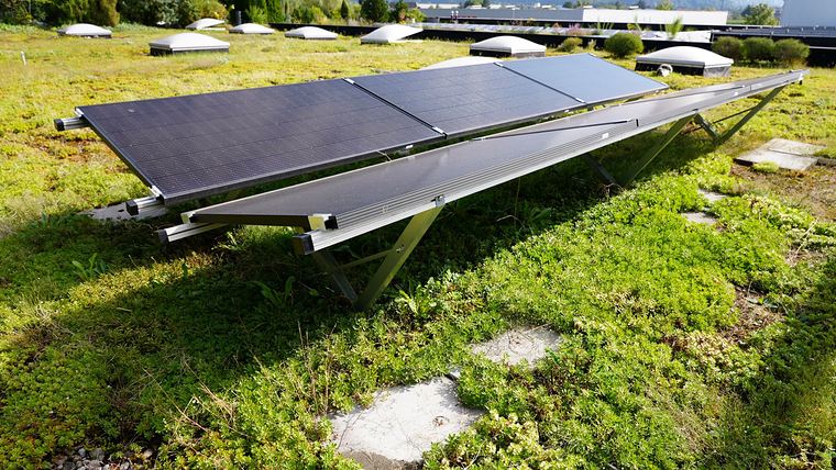 Zonnepanelen op een sedumdak met lichtkoepels